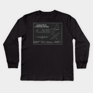 C-130 Hercules - Airplane Blueprint -  PD Kids Long Sleeve T-Shirt